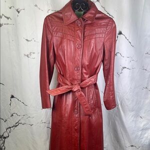 Vintage Red Leather Trench Coat Belted Deep Brick Red Fully Lined Button Front